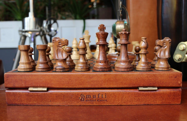 Chess set from back with mufti logo