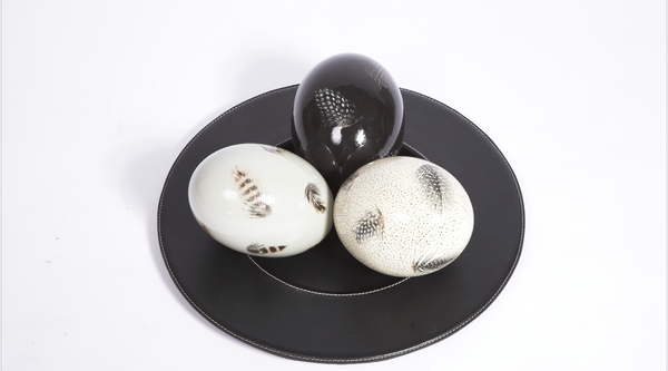 Hand Painted Ostrich Eggs on black Leather plate