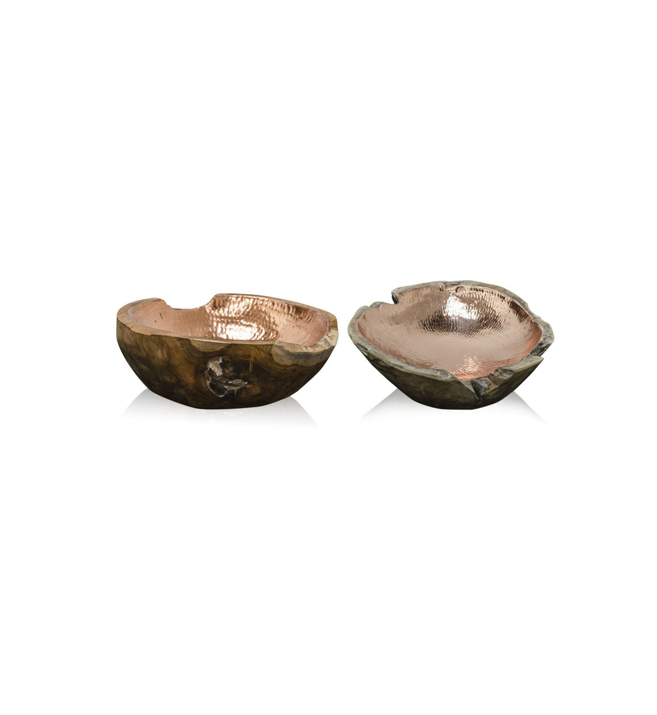 Circular copper and teak bowls