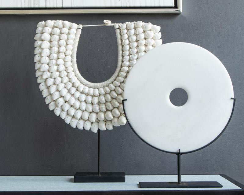 Ubi White Marble Decorative Disk in white medium with shell necklace