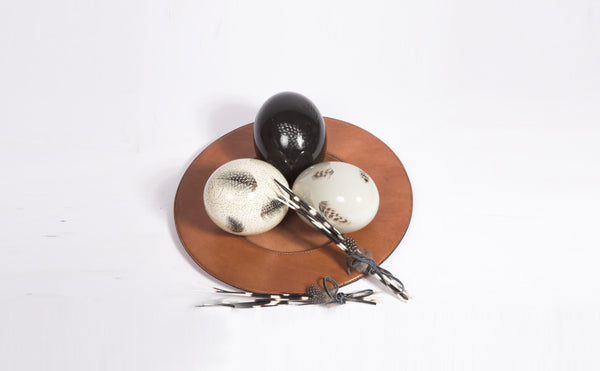Hand Painted Ostrich Eggs on Leather plate