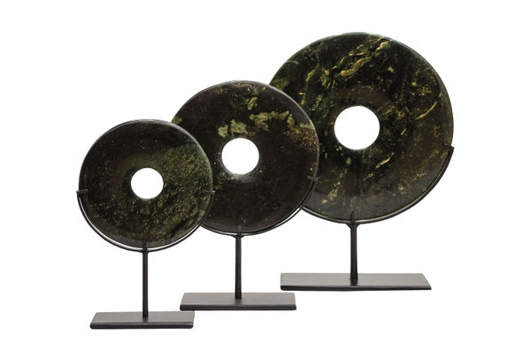 Yubi dark green marble disks, set of three on white
